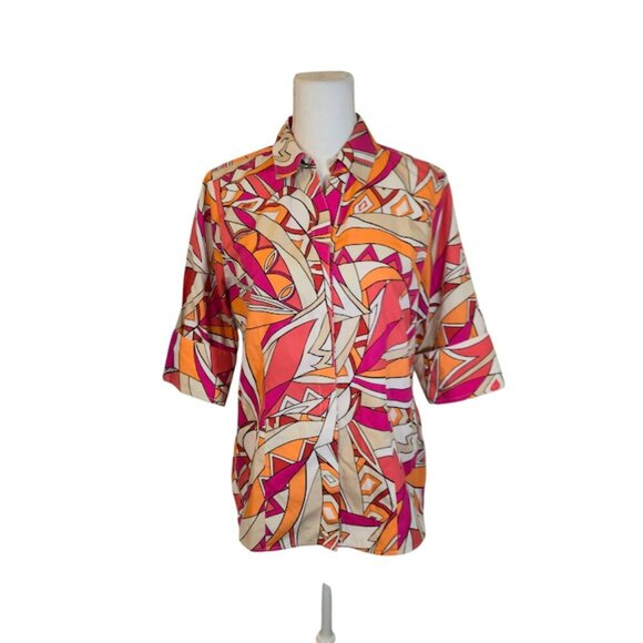 Chico's Button Up Top Women Size Medium Pink Retro Abstract Artsy Preppy - Picture 1 of 8